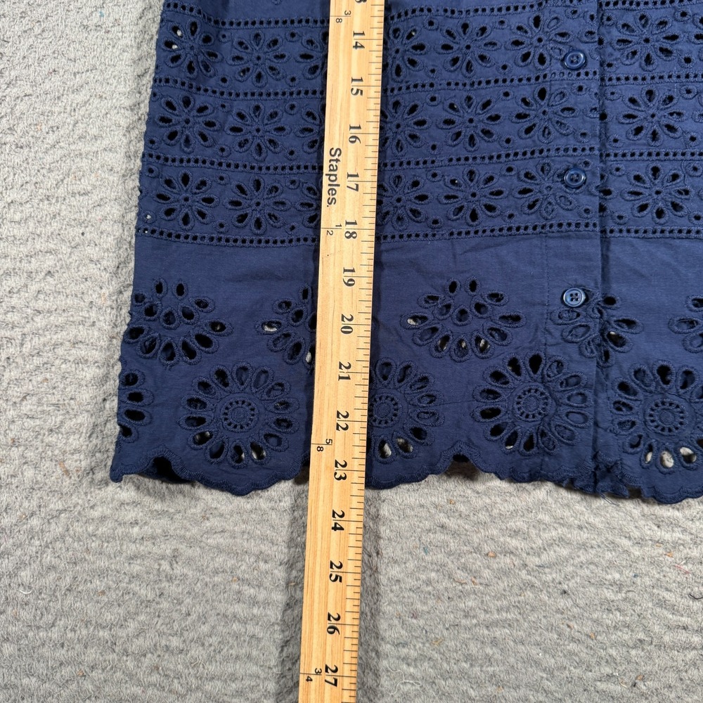 ModCloth Shirt Blouse Womens Medium Blue Short Sleeve Eyelet Lace Button Front - Picture 6 of 7
